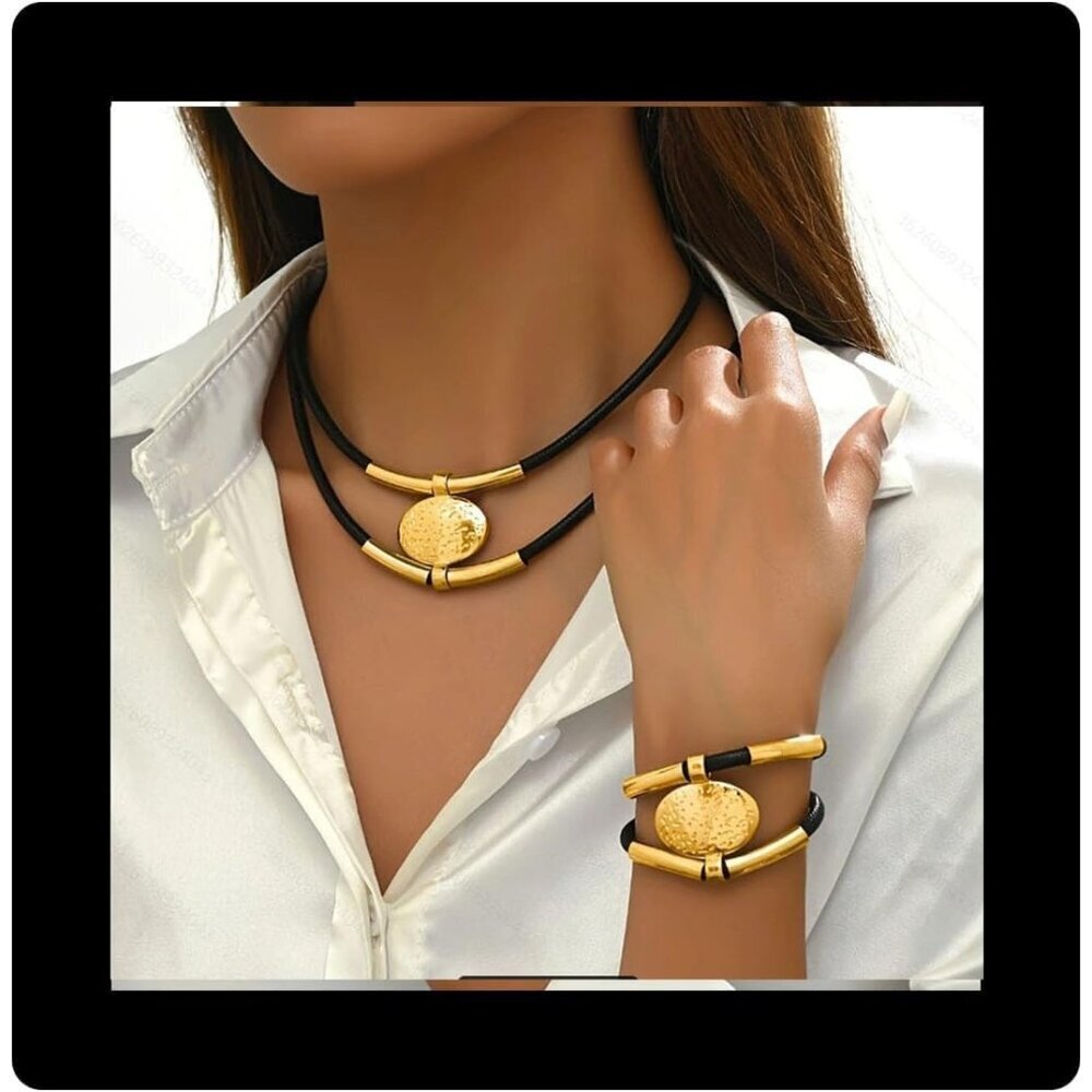 Black&Gold Rope Oval Black Acrylic Pendant Necklace And Bracelet Set For Women